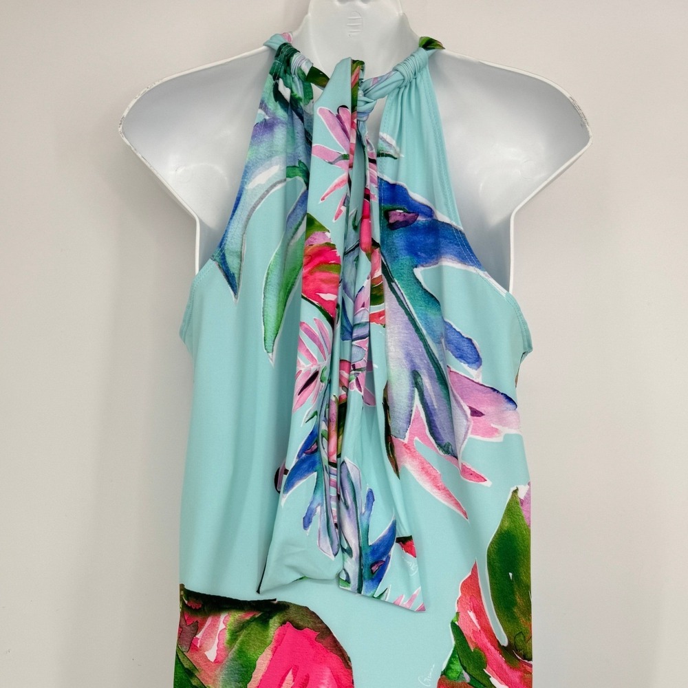 Tara Grinna Halter Dress Large Blue Tropical Floral Palm Leaf Beach Vacation - Picture 7 of 10